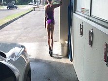 Outdoor Car Wash In Skimpy Night Club Dress No Panties High Heels