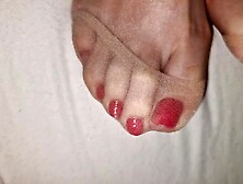 Cum On Flawless Wife's Brown Nylon Feet - Red Polish Pedicure