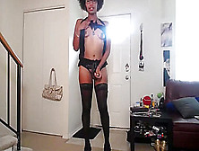 Black Shemale In Stockings Stands Up And Jerks Off