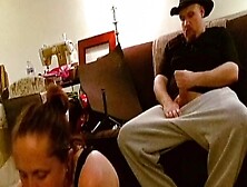 cougar Gets Facial After Ignoring Her Man Wanking Behind Her
