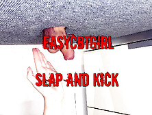 Mistress tickles the slave's balls with her fists and slaps