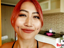 Pierced Thai Teen Bargirl Fang Taking Care Of A Hard White Cock (18+)