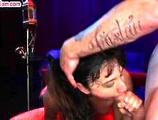 IR submissive babe in red stockings spanked in gangbang