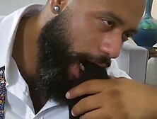 Bearded Black Stud Licks His Bosses Feet While Masturbating