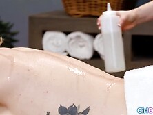 Lily Labeau has pulled a muscle and her small lesbo ally masseuse Nicole Vaunt gives her a full body oil massage which leads to