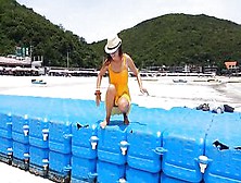 Up Yellow Dress No Underwear Into Outdoor # Bull Plug Flash At The Beach