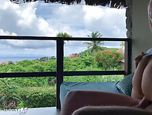 cock bouncing on a public balcony on honeymoon in paradise