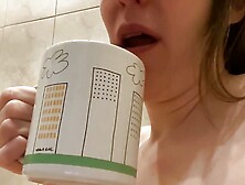 Milf Drink Water And Tea And Then Pee From Hairy Pussy