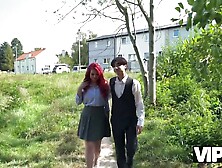 Vip4K.  Sexy Redhead Miss Olivia Showed Her Red Lingerie And Fucked In Public In Front Of Her Bf