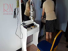 Camera In Nude Barbershop.  Hairdresser Makes Lady Undress To Cut