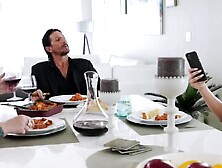 Blonde slutty Harley King goes under the table to suck Tommy Gunns big throbbing penis a satisfying breakfast indeed.