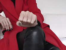 German Lady Victoria Valente In Red Jacket,  Black Leather Trousers,  And Elegant Gloves Giving Sexy Jerk Off Instructions