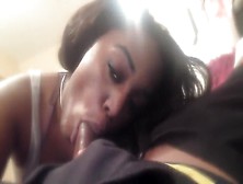 Cute ebony gets something thick in her throat and swallows cum