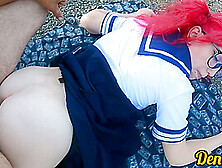 Cute Schoolgirl With Pink Hair In Glasses And Stockings Gives A Blowjob And Gets Anal Sex