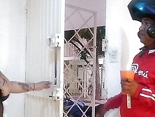 Flashing my lingerie to a random delivery man: For the first time I flash my ass and show my big tits to a stranger