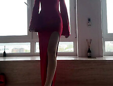 yoga in tight transparent red dress