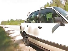 Smart Teen Threesome In The Car