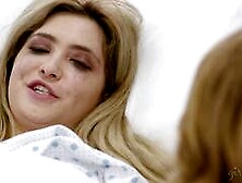 Kristen Scott,  Alina Lopez and Jane Wilde on a blue and white bed lesbian threesome