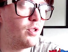 NERD PERVERTS - Attractive woman eats a sleazy fake producers sticky cum