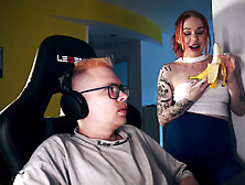 Stepmom Seduces Stepson Under Desk for Facial While He Games