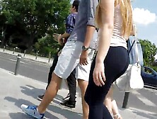 Candid blond teen flawless butt in constricted ebony spandex