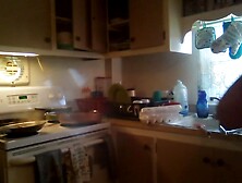 Lewd Housewife Cooking and Cleaning and Lifting Up Her Suit and Showing Off Belt (Cleavage Tease)