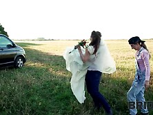 BRIDE4K.  Trio with hawt teen bride with natural boobs in the car