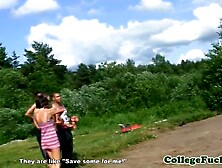 Tattooed coed fucked into ass outdoor