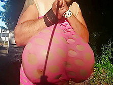 Cup Z Huge Tits Crossdresser,  Outdoor Self-Bondage Mistake In Public.  Key Lost.  Helpless With Automatic Pump Dildo In As