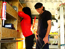 German boss does inventory control on the bus as well as in the employees' pants!