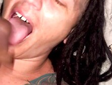 Tatted dread head swallows whilst sitting in her face