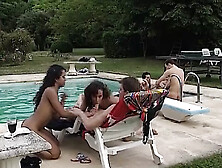 3 gorgeous German sluts sharing 3 hard schlongs in the backyard