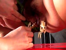 Asian Slut Gets Clothespin Attached To Her Lips With Her Tits Out