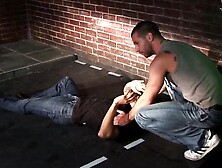 Blonde and dark hair gie first aid to bro with their mouth