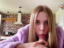Hawt slut in purple furry coat loves cum on her nice-looking face