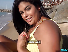 Beach stunner fucked on a public beach and then in personal swimming pool - public agent