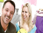 Long haired blonde gives titjob and gets fucked after