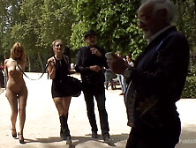 Cold Mistress Takes Her Slave For A Walk And A Public Gangbang