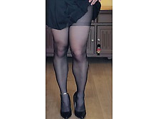 Crossdresser Win Black Tights,  Heels And Dress