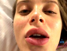 Girlfriend with natural tits gives POV blowjob and footjob for cum