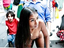 Detained exotic suspect tag teamed in the back office by two hard dicks