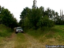 Picked up hawt grandma gets double penetration in the fields