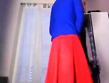 Young Amateur Cross Dresser In A Red Dress And Blue Blazer