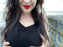 Alluring Mistress Lara Is Touching Her Enormous Boobs And Masturbate At Public Beach