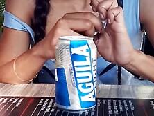 My girlfriend experiments with a vibrator in public.