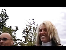 Tall German blonde rides big dick on the road