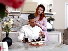 Red Haired Gal Seduces Dude In The Kitchen