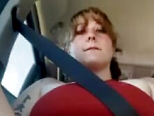 Cute gal in a petticoat fingers herself in car!