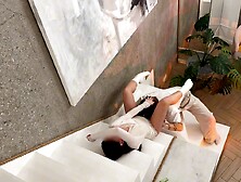 Romantic evening ended with astonishing sex with a sexy brunette hair right on the stairs