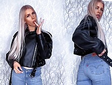 Teasing In Leather Jacket And Thin Jeans